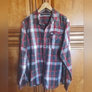Sean John Red Gray White Plaid Casual L/S Shirt Pocket Front EUC Size XL